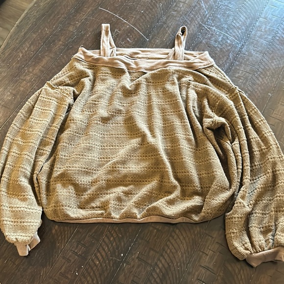 Free People Brown Off the shoulder shirt semi cropped long sleeve waffle top - Picture 10 of 15